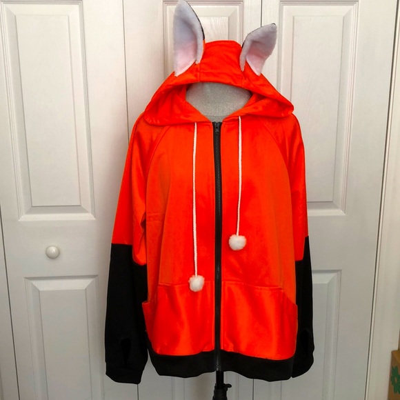 unknown Tops - 🧡🖤 Orange & Black Hoodie with Ears | 2XL | Pom Pom Drawstrings